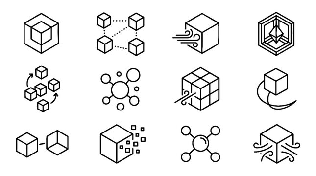 Blockchain technology and data science isometric line icons set.