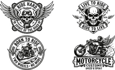 Fototapeta premium Set of motorcycle emblems, badges, labels and logos with skull, biker, motorcycle and wings