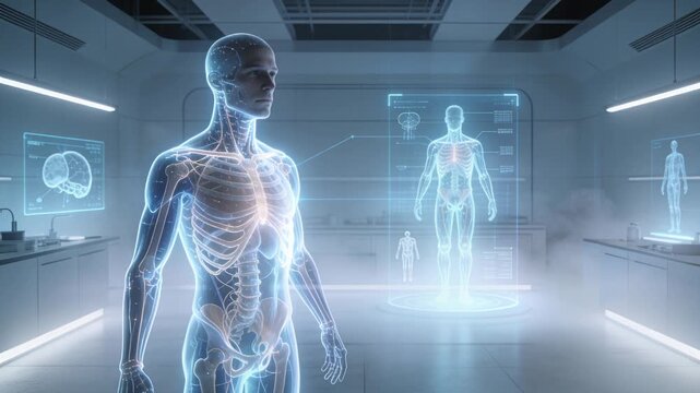 Starting diagnostic sequence, hologram pulsing and displaying skeleton and nerves in medical lab