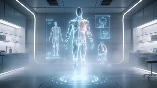 Emitting light, floor projector projecting anatomical hologram in sealed lab for diagnostic scan