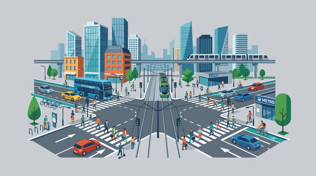 Vibrant city road intersection with traffic and pedestrians, modern urban lifestyle.