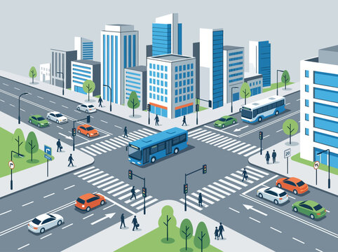 Busy city street intersection with cars, bus, pedestrians, and modern buildings