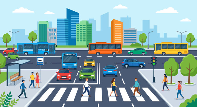 Urban Traffic Scene with Pedestrians Crossing Street and City Skyline