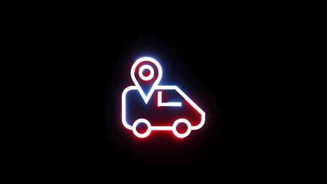 Neon delivery van icon with map location pin glowing on black background video.