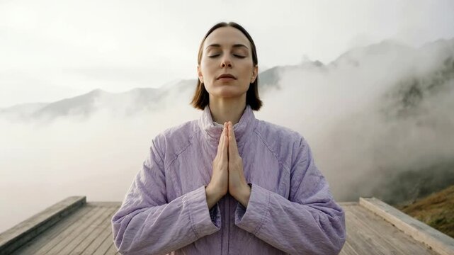 Woman practicing yoga breathing exercises on a mountain deck. Wellness retreat concept with fog