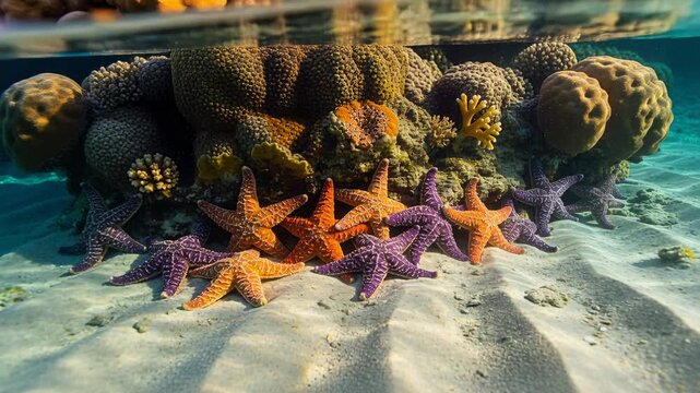 Shifting sunlight causing starfish cluster shimmering on seabed at shallow reef, with coral glints