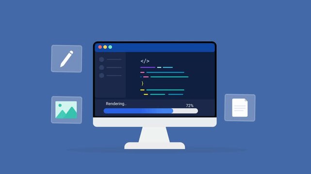 Animated flat vector illustration of a desktop monitor displaying software code with image editing, media, and file management icons. Modern AI image processing, digital content, and creative technolo