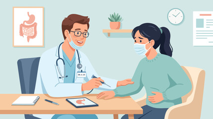 Obraz premium Doctor Consults Patient with Stomach Ache, Medical Examination Illustration