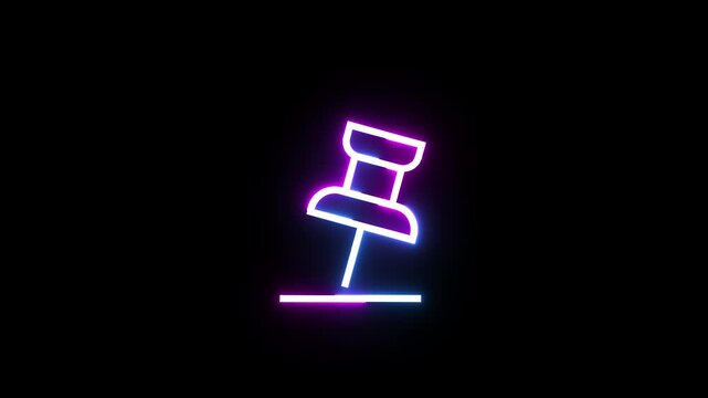 Neon pin icon animation on black background seamless loop, glowing pushpin sign motion graphics.