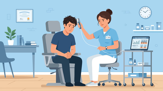 Doctor examines patient's ear with otoscope in clinic, medical examination