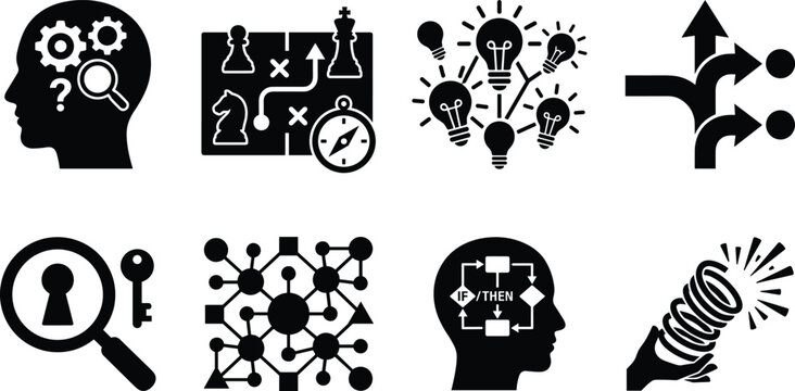 Black problem solving icon collection, creative thinking and strategy symbols bundle, business concept silhouettes