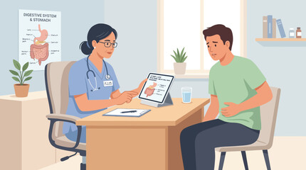 Fototapeta premium Doctor Explains Digestive System to Patient with Stomach Ache
