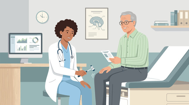 Doctor examining senior patient with reflex hammer in clinic