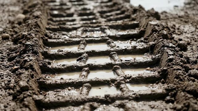 Close-up of muddy track marks from heavy machinery. Water puddles in deep tire treads on wet dirt. Industrial construction site ground texture