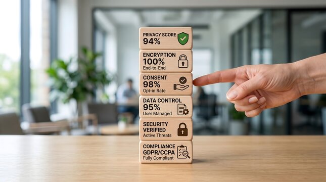 Data Privacy and GDPR Compliance Score Highlighted on Conceptual Wooden Blocks