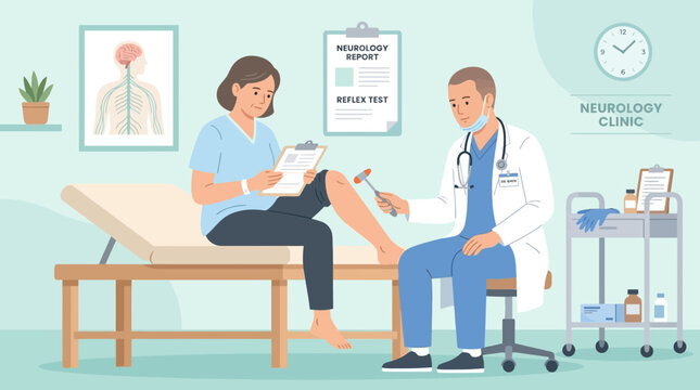 Neurologist examining patient knee reflex in clinic, medical consultation
