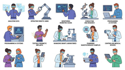 Fototapeta premium Futuristic Technicians and Biohackers Mega Vector Collection with Advanced Science and Medical Innovation