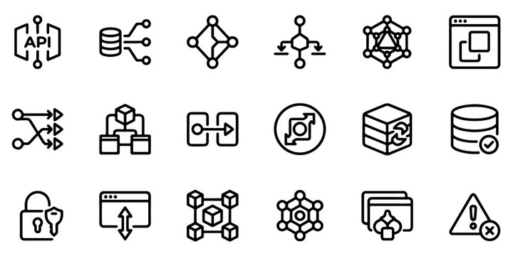 GraphQL Data Stitching Architecture Line Icon Set with API Integration, Database Connectivity, Network Infrastructure and System Workflow Symbols