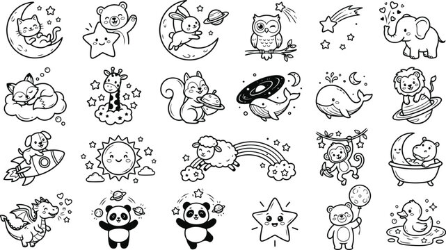 Set of cute animals in space, cartoon doodle collection