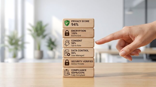 Hand Selecting Opt-In Consent on Wooden Blocks Highlighting Data Privacy Scores