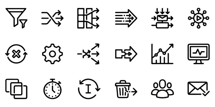 Event Streaming Integration Routing Line Icon Set with Messaging Automation, Workflow Processing and Distributed System Architecture Symbols
