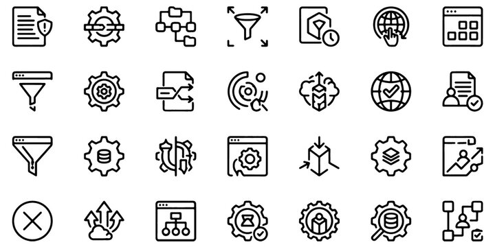 Event Deduplication Pipeline Workflow Line Icon Set with Data Processing, Automation Filtering, Intelligent System Optimization and Analytics Symbols