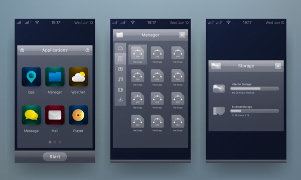 Mobile operating system user interface kit with application menu and file manager