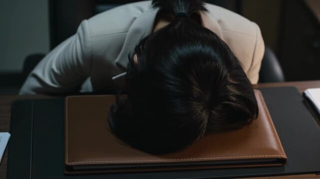 Leaning woman in beige blazer lowering head onto brown folio at office, pen tucked behind ear