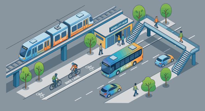 Modern Urban Mobility: Electric Train, Bus, Cars, Bicycles, Pedestrians, Overpass