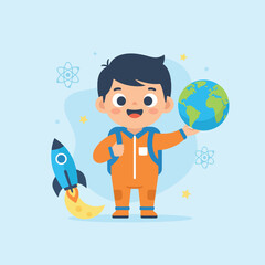 An adorable young boy in an orange astronaut suit stands holding Earth, accompanied by a small rocket ship and stars.