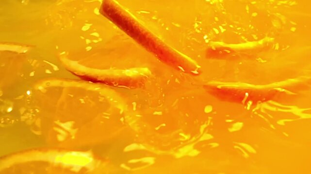 close up of natural orange slices falling in juice, advertising of tropical fruit juice splashing, super slow motion