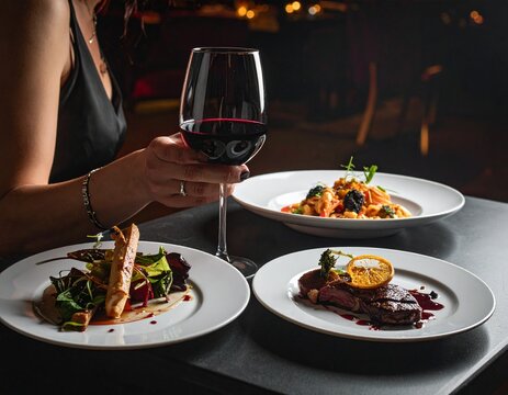 Woman holding red wine during fine dinning at elegant restaurant