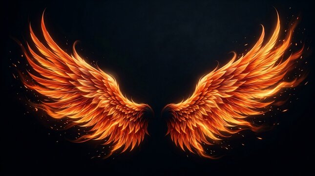 Fiery angel wings spread open with glowing embers