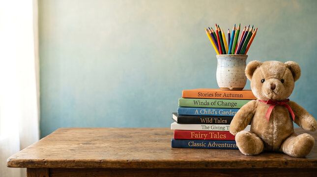Soft brown teddy bear sits beside a stack of colorful books and sharp colored pencils