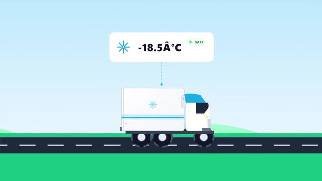 Refrigerated truck driving on road with digital temperature monitor showing safe minus eighteen point five degrees Celsius for cold chain logistics