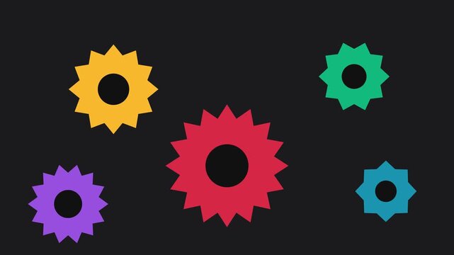 Colorful rotating gears animation on dark background, abstract mechanical concept for business strategy and engineering motion