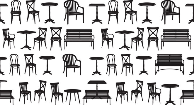 Set of cafe furniture silhouettes including bistro chairs tables and park benches for restaurant interior design vector