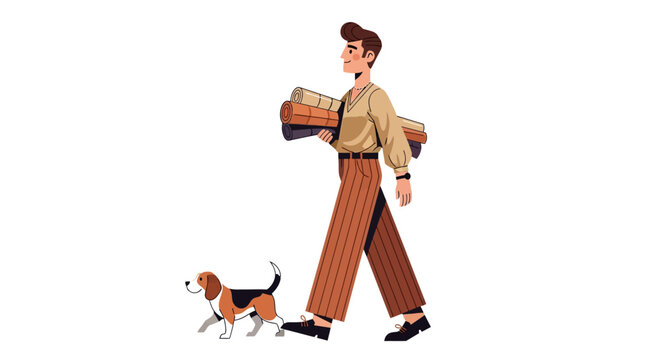 Man walking a beagle dog while carrying a briefcase.