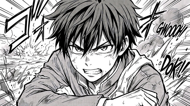 Anime boy with spiky hair aggressively drinking coffee in a dynamic scene