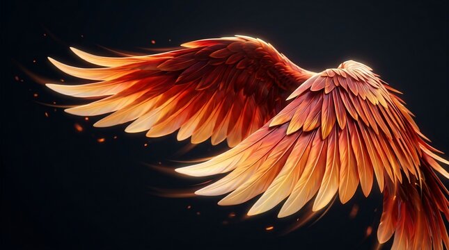 Fiery majestic wings spread open against dark background dramatic lighting