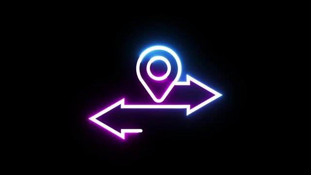 Neon location map pointer with direction arrows glowing on black background loop.