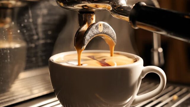 Enjoying a morning coffee at a cafe with fresh espresso pouring into a white cup