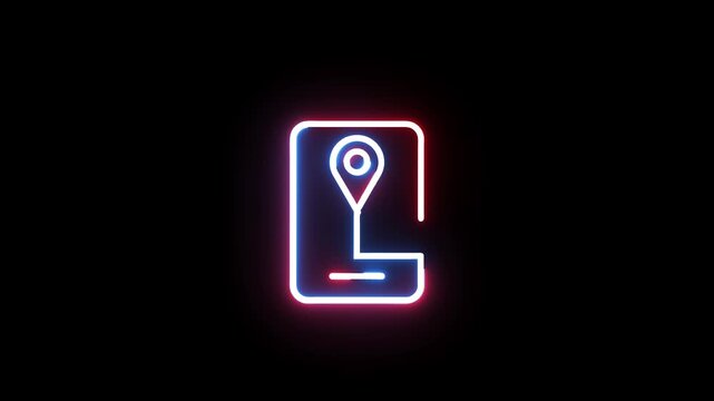 Neon map pointer with gps tracking line on black background seamless loop animation.