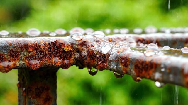 Close up of rusty metal pipe with water droplets falling.