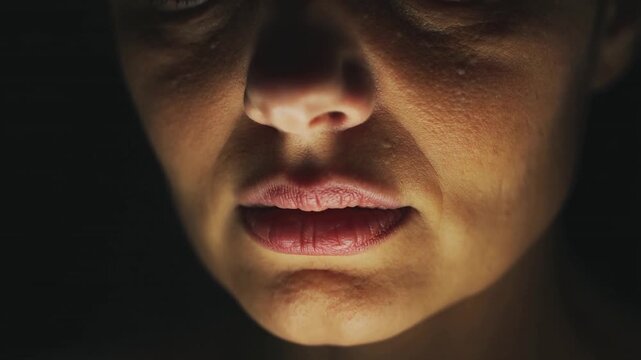 Camera starting recording lower-face of adult woman speaking in dark studio, showing lips and teeth