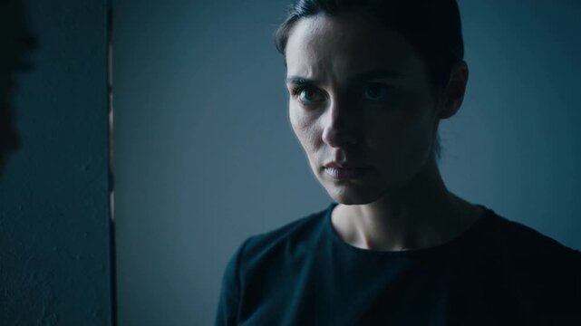 Hearing off-frame voice, woman in dark top narrowing eyes in confrontation by doorway seam