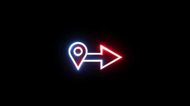 Neon map pointer with arrow glowing animation on black background seamless loop.