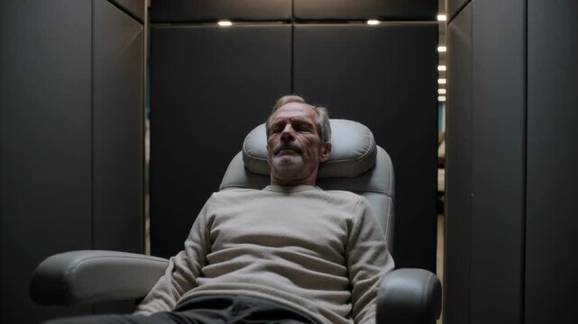 Breathing senior man in sweater shifting, swallowing and resting in booth recliner, strip lights