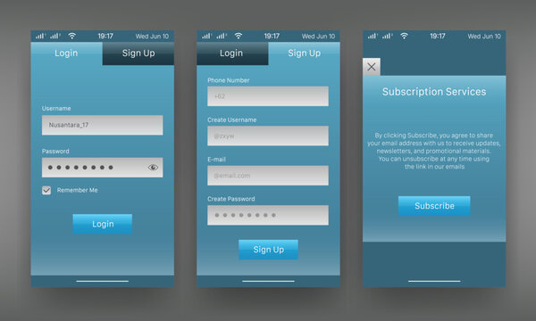 Mobile user interface template kit with login registration and subscription flows