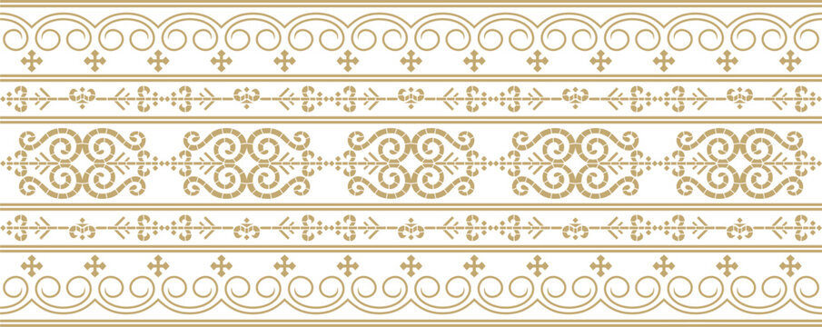 Vector golden seamless Yakut ornament. Endless border, frame of the northern peoples of the Far East.